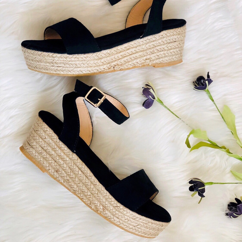(LAST PAIR) Black Wedge Espadrille Sandals - Picture 5 of 6